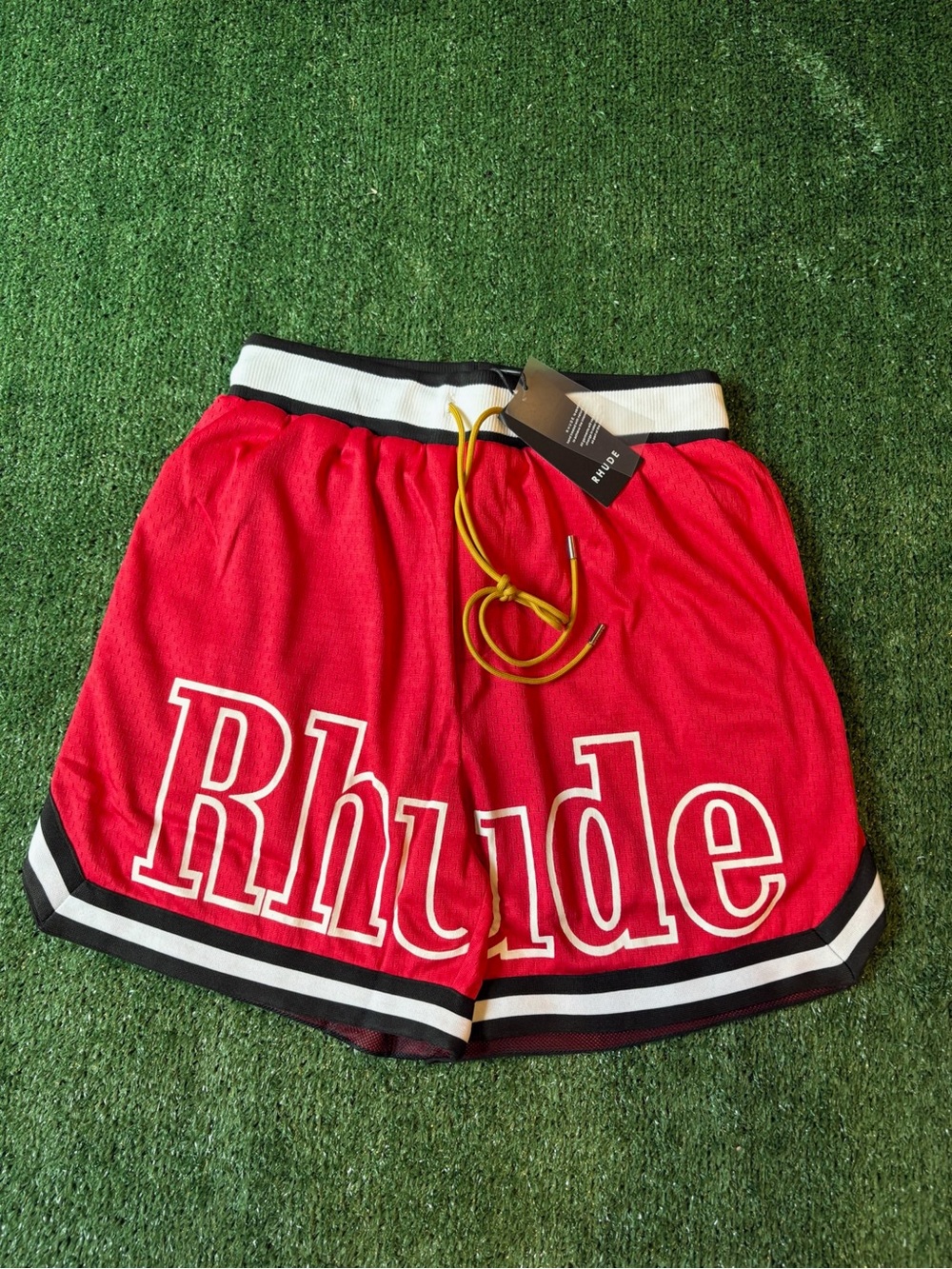 Rhude Red Athletic Mesh Shorts with Black & White Trim